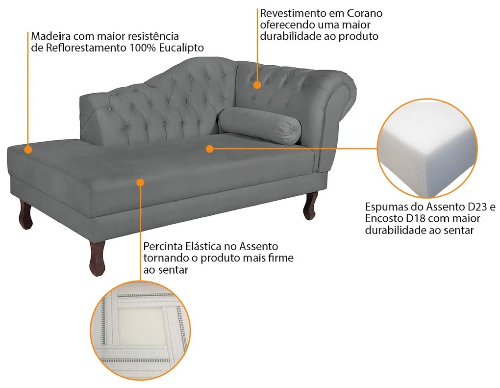 Recamier Diana 185cm Lado Esquerdo Corano Cinza - ADJ Decor