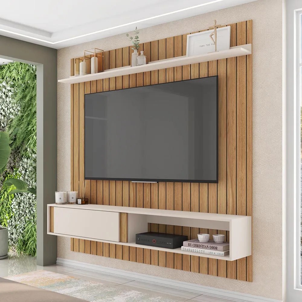Painel TV 75 Pol 180cm Bancada Suspensa Ripado Eluni Buriti/Off White C01 - D'Rossi