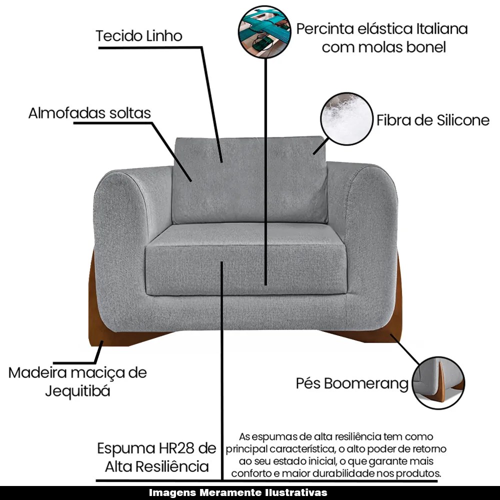 Poltrona Decorativa Pés em Madeira Buzz Linho Cinza G63 - Gran Belo