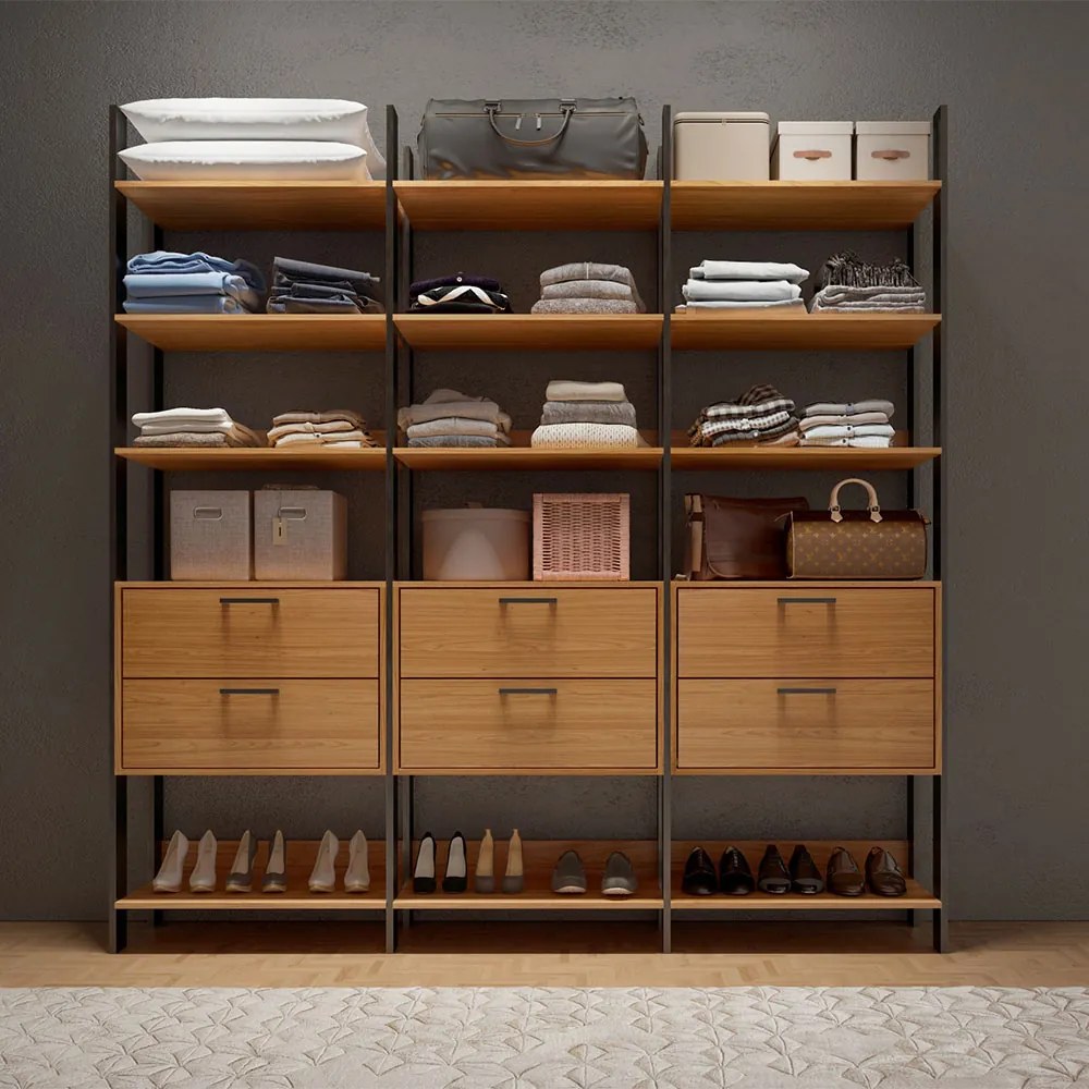 Guarda Roupa Closet Modulado 03 Gaveteiros Freijó com Preto Fosco Industrial - D'Rossi