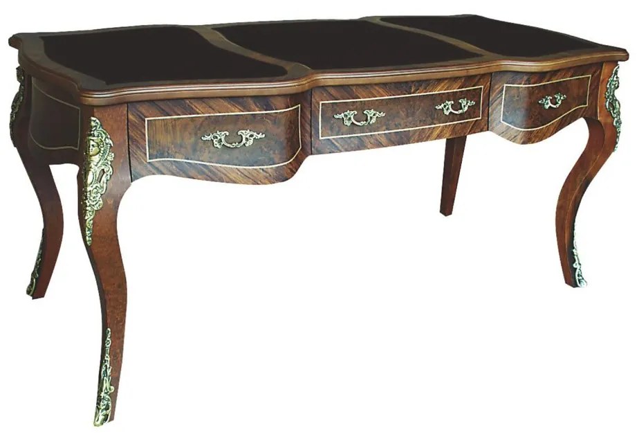 Escrivaninha Château Luxe 3 Gavetas Tampo em Couro Legítimo Preto Lâmina Imbuia Detalhes em Marchetaria Estrutura Madeira Eucalipto e Pinheiro Estilo