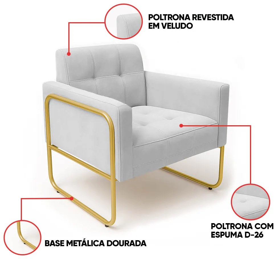 Poltrona Sala Industrial Alta Tubo Dourado Elisa Veludo D03 - D'Rossi - Cinza