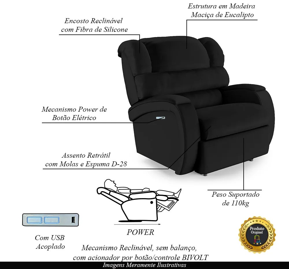 Poltrona do Papai Sala de Cinema Reclinável Kylie Elétrica Botão com Led USB PU Preto G23