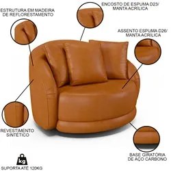 Poltrona Decorativa Giratória para Sala 122cm Kaly M22 Sintético Caram