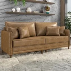 Sofá 3 Lugares Living 232cm Pé Madeira Zoe Sintético Camel Z08 - Mpoze