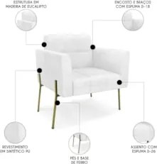 Poltrona Sala Pé Metal Dourado Kit 2 Ana Sintético PU Branco - Ibiza