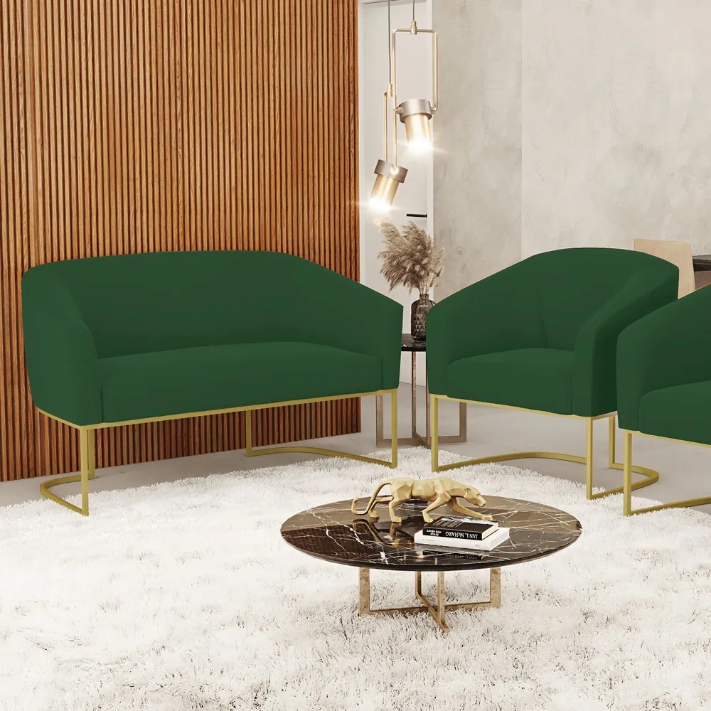 Sofá Namoradeira e Poltrona Base Industrial Dourado Stella Veludo D03 - D'Rossi - Verde