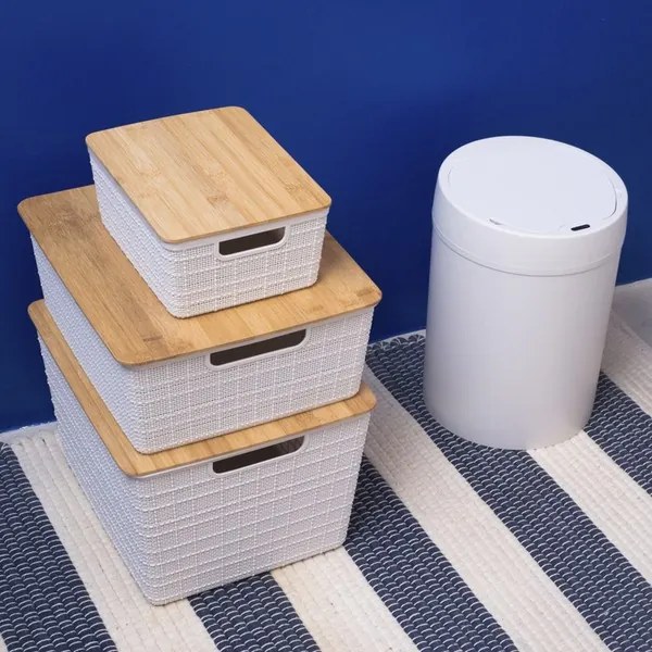 Caixa Organizadora Com Tampa de Bambu (Branco) - 12L