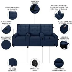 Poltrona de Cinema Reclinável 3 Lugares Baú USB Mallie FH9 PU Azul - M