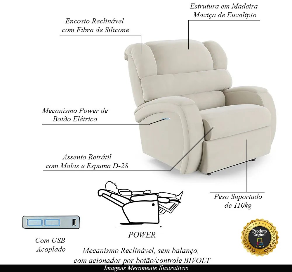 Poltrona do Papai Sala de Cinema Reclinável Kylie Elétrica Botão com Led USB Veludo Bege G23