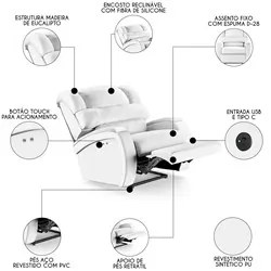 Poltrona do Papai Reclinável Kalie Power Touch USB FH9 PU Branco - Mpo