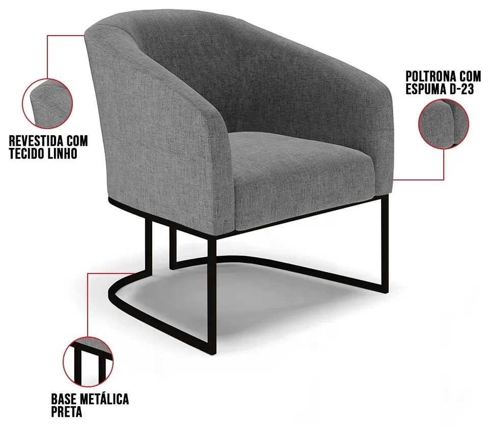 Poltrona Decorativa Industrial Preto Stella Linho Grafite D03 - D'Rossi