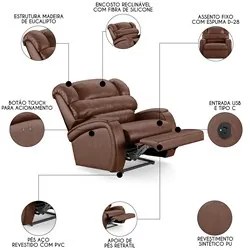 Poltrona do Papai Reclinável Kalie Power Touch USB FH9 PU Marrom Brilh