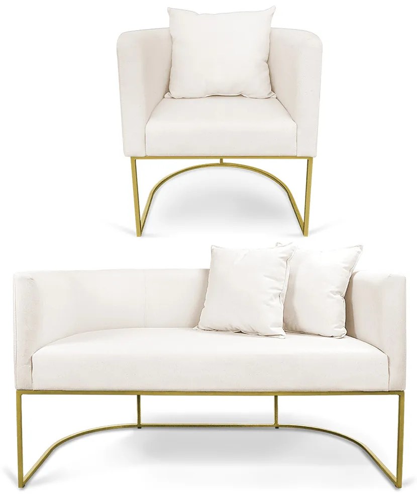 Kit 01 Namoradeira 02 Lugares e 01 Poltrona Paola Linho Base Metálica Dourado D03 - D'Rossi - A27 Areia