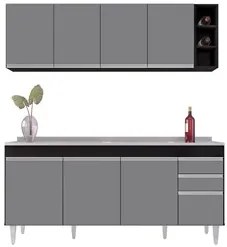 Armário Aéreo Nevada e Balcão Gabinete 180cm Com Pia Dallas Preto/Cinz