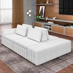 Sofá Ilha e Puff Sala Living 245cm Siesta M22 Boucle Bege Claro - Mpoz