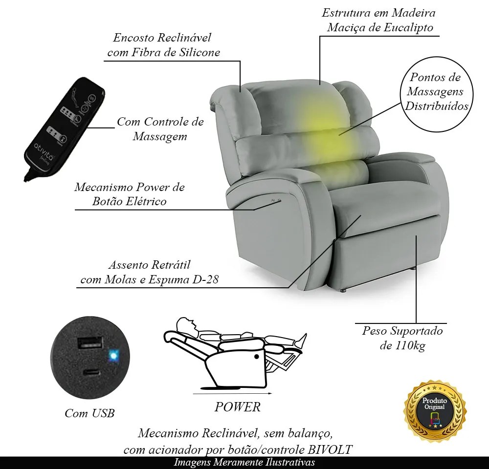 Poltrona do Papai Reclinável Napoli Power Touch Massagem PU FH1 - D'Rossi - Cinza