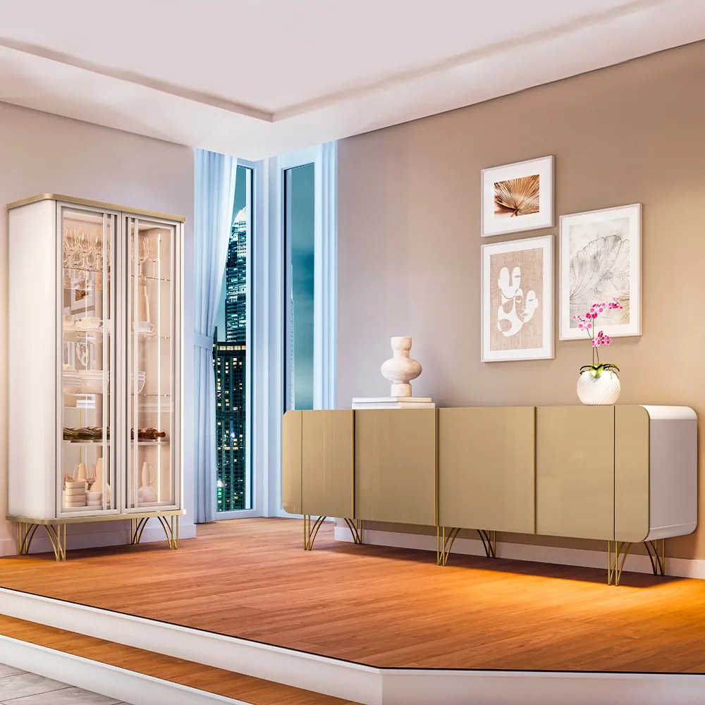 Conjunto Cristaleira Buffet LED Portas de Vidro Évora/Saluti Off White/Champagne G26 - HB Móveis
