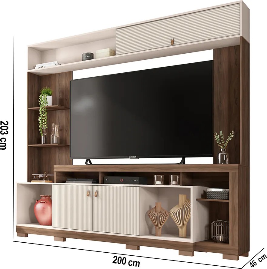 Estante TV 65 Pol 200cm Sala de Estar Olevi Nogueira/Off White C01 - D'Rossi