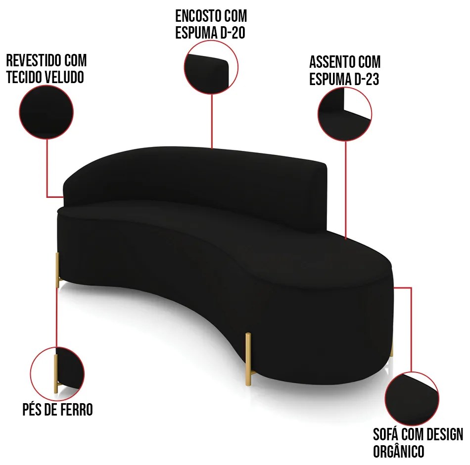 Sofá 4 Lugares Orgânico 220cm Pé Dourado Morgan Veludo D03 - D'Rossi - Preto