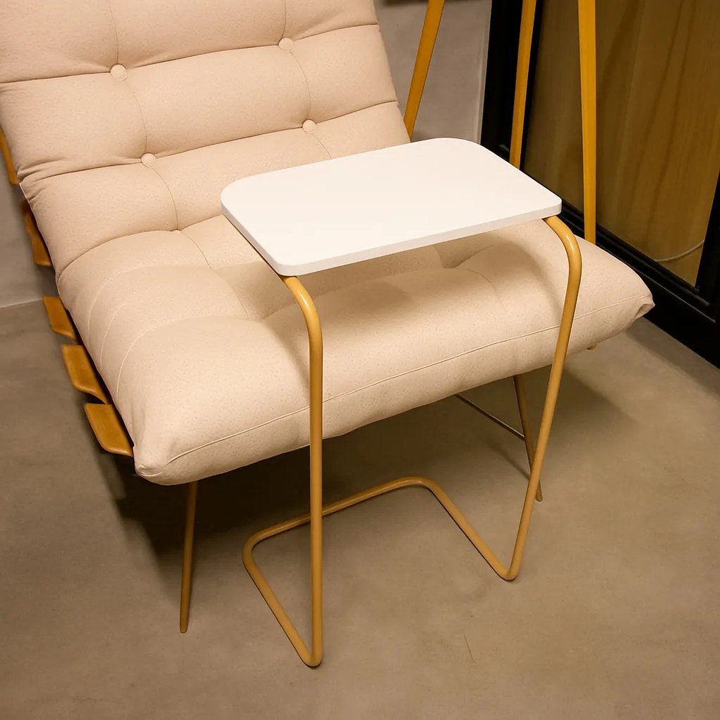Mesa Lateral Multiuso Tampo Branco Base Dourada para Sofá Drossi