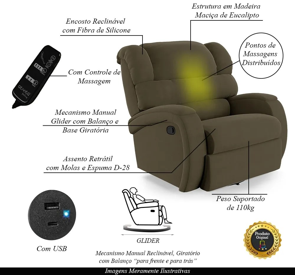 Poltrona do Papai Sala de Cinema Reclinável Kylie Glider Manual Giratória Massagem USB Veludo Capuccino G23