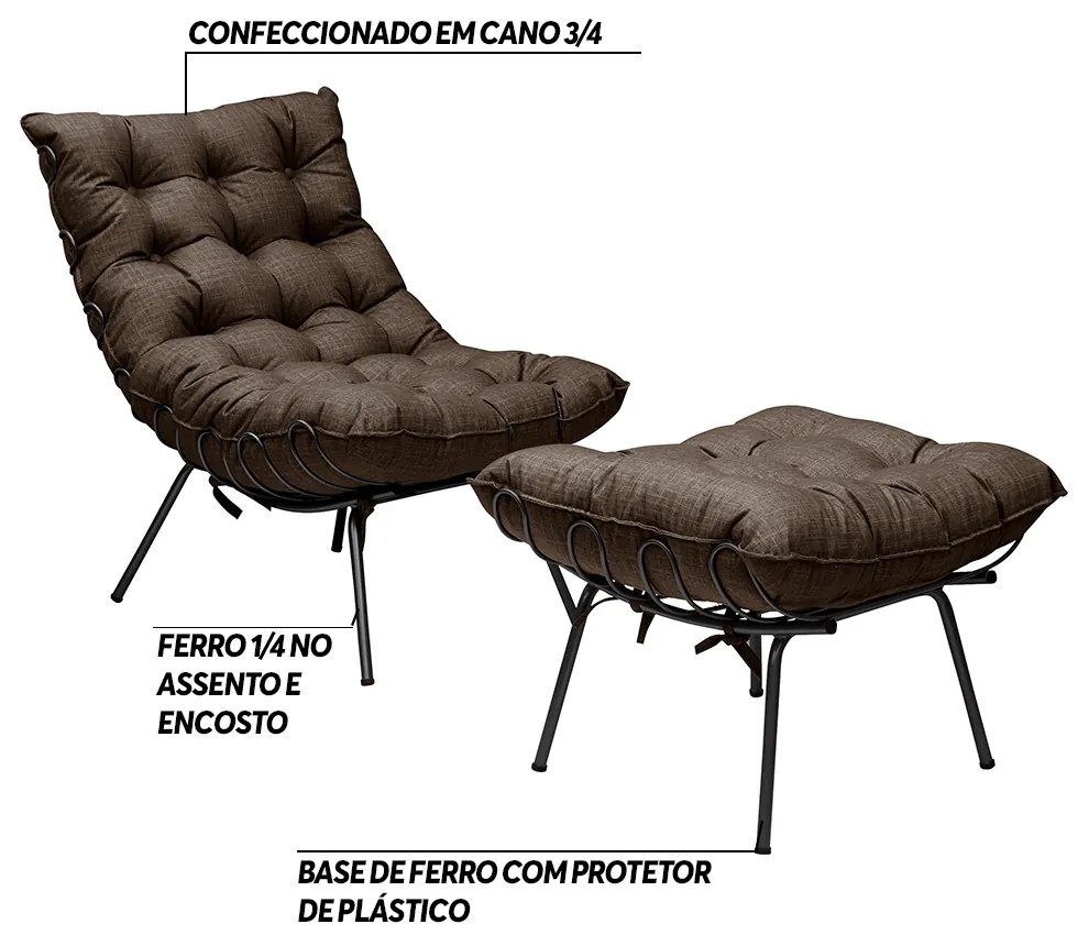 Conjunto Decorativo Poltrona e Puff Abel Base de Ferro Preto Linho Marrom G41 - Gran Belo