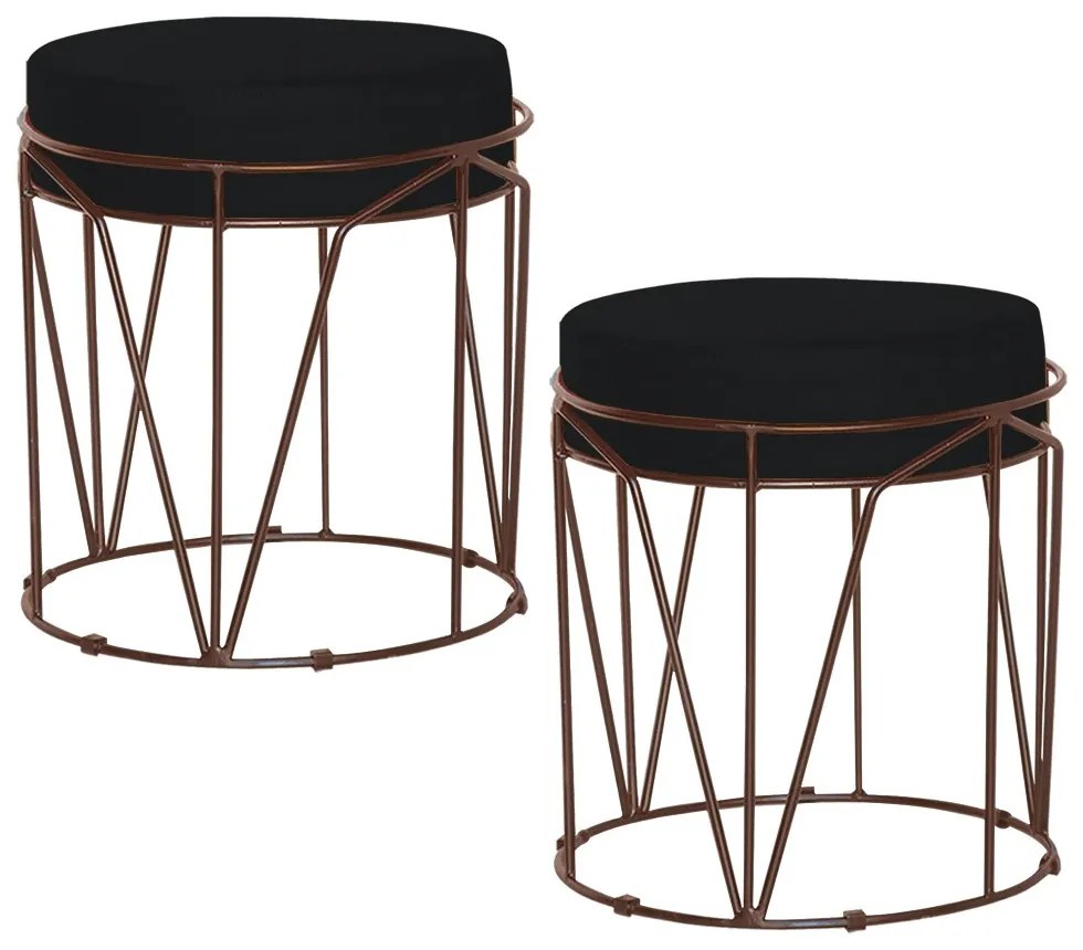 Kit 2 Puffs Decorativo Sala de Estar Base Bronze Chloe Veludo Preto G41 - Gran Belo