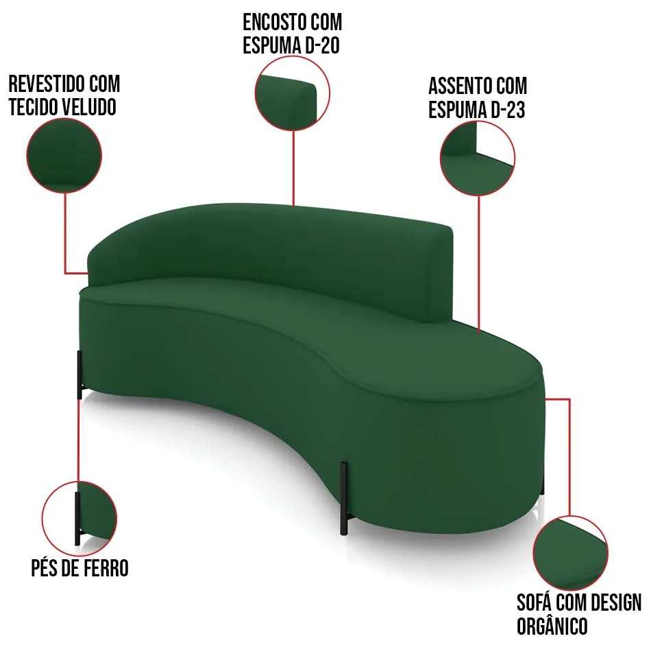 Sofá 4 Lugares Orgânico 220cm Pé Ferro Preto Morgan Veludo D03 - D'Rossi - Verde