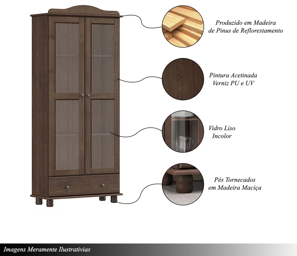 Cristaleira Madeira Maciça Vidro Liso 2 Portas Garnet Café G74 - Gran Belo