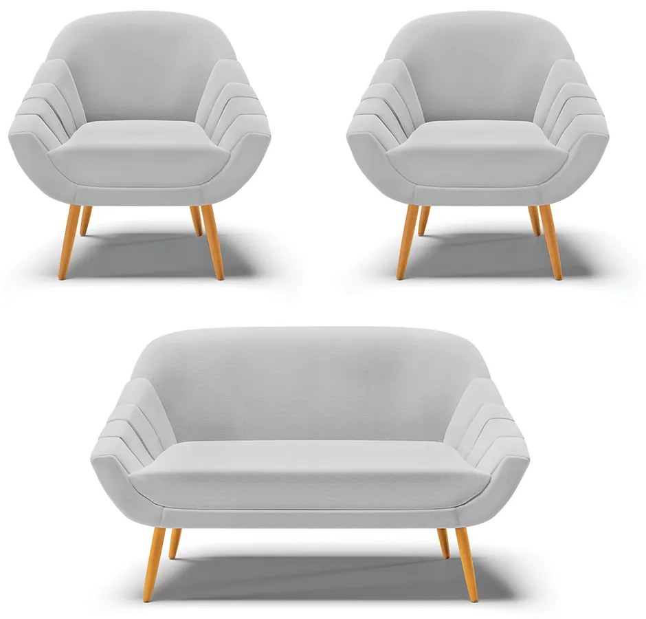 Kit 01 Namoradeira 02 Lugares e 02 Poltronas Giovana Linho Cinza A05 Pés Palito Castanho - Indo Decorar