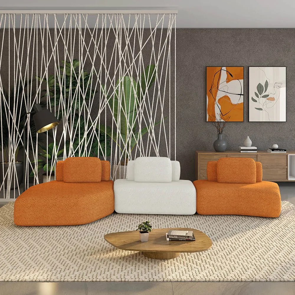 Sofá 3 Lugares Orgânico com Chaise e 2 Módulos Berlim Bouclê Cr K01 - D'Rossi - Caramelo/Off White