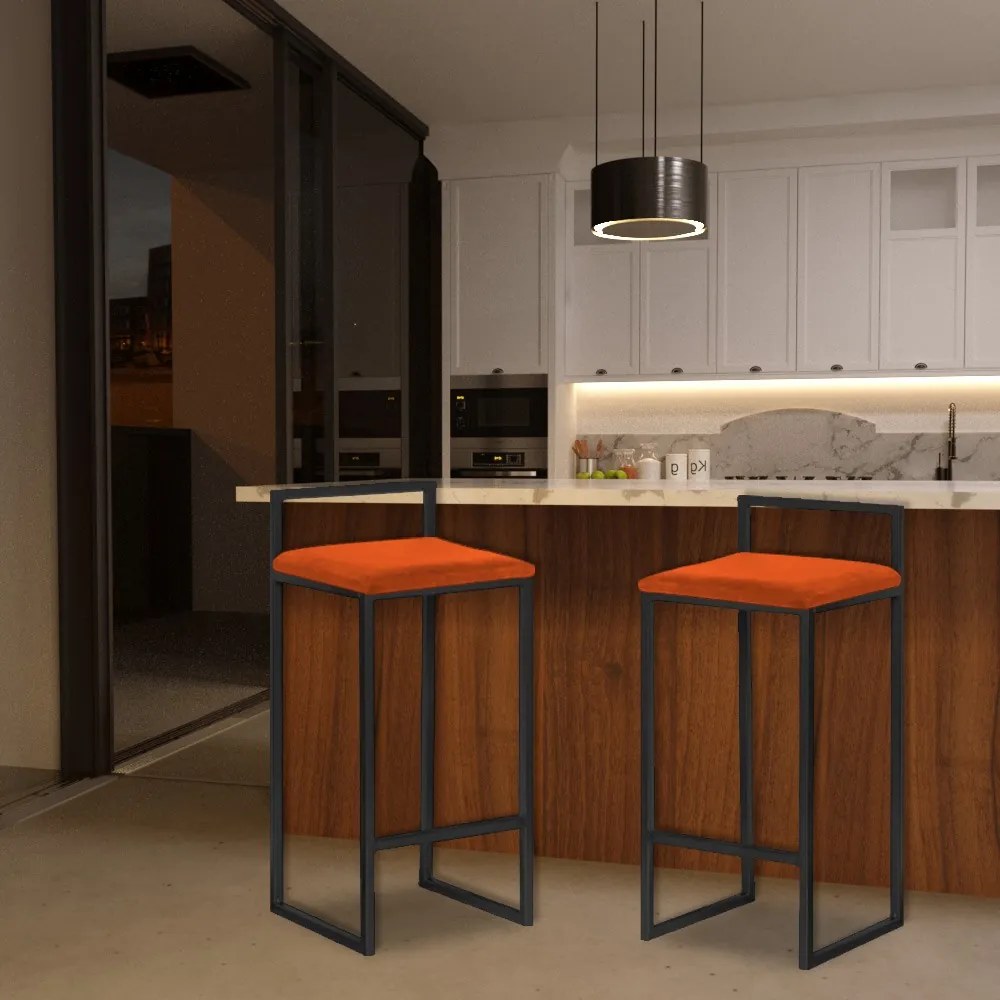 Kit 2 Banqueta Decorativa Selena Base Preta Suede Telha G41 - Gran Belo