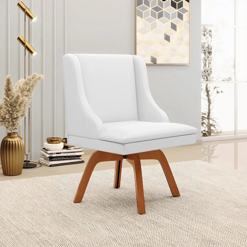 Kit 5 Cadeiras Decorativas Sala de Jantar Base Giratória de Madeira Firenze PU Branco Fosco/Natural G19 - Gran Belo