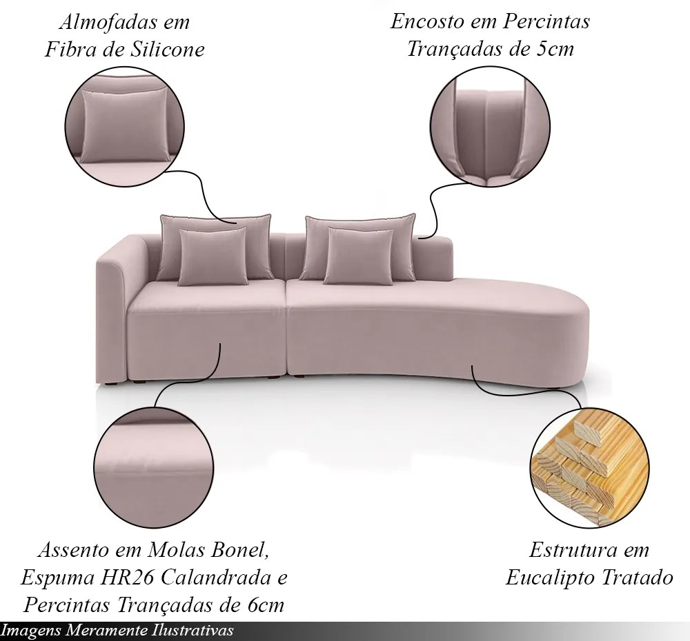 Sofá Curvo Decorativo Kimiko 297Cm 4 Lugares Sala de Estar com Chaise Veludo Rosê G52 - Gran Belo
