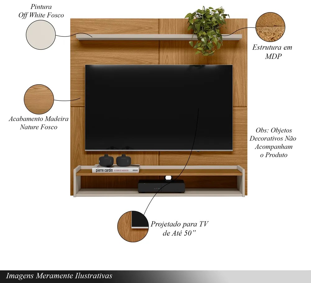 Painel Decorativo Castela MDP TV até 50 Polegadas com Prateleira Nature/Off White G77 - Gran Belo