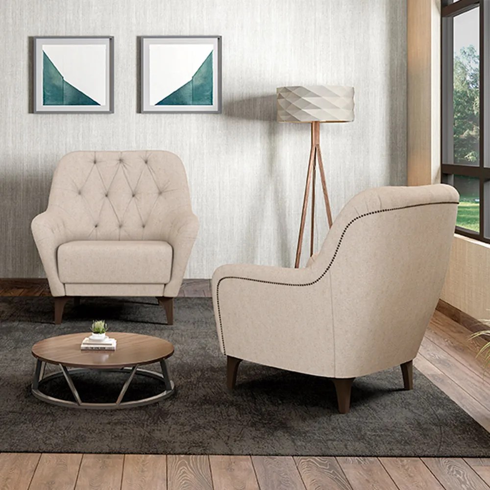 Kit 2 Poltronas Decorativas Pés em Madeira Petra Linho Cru G45 - Gran Belo