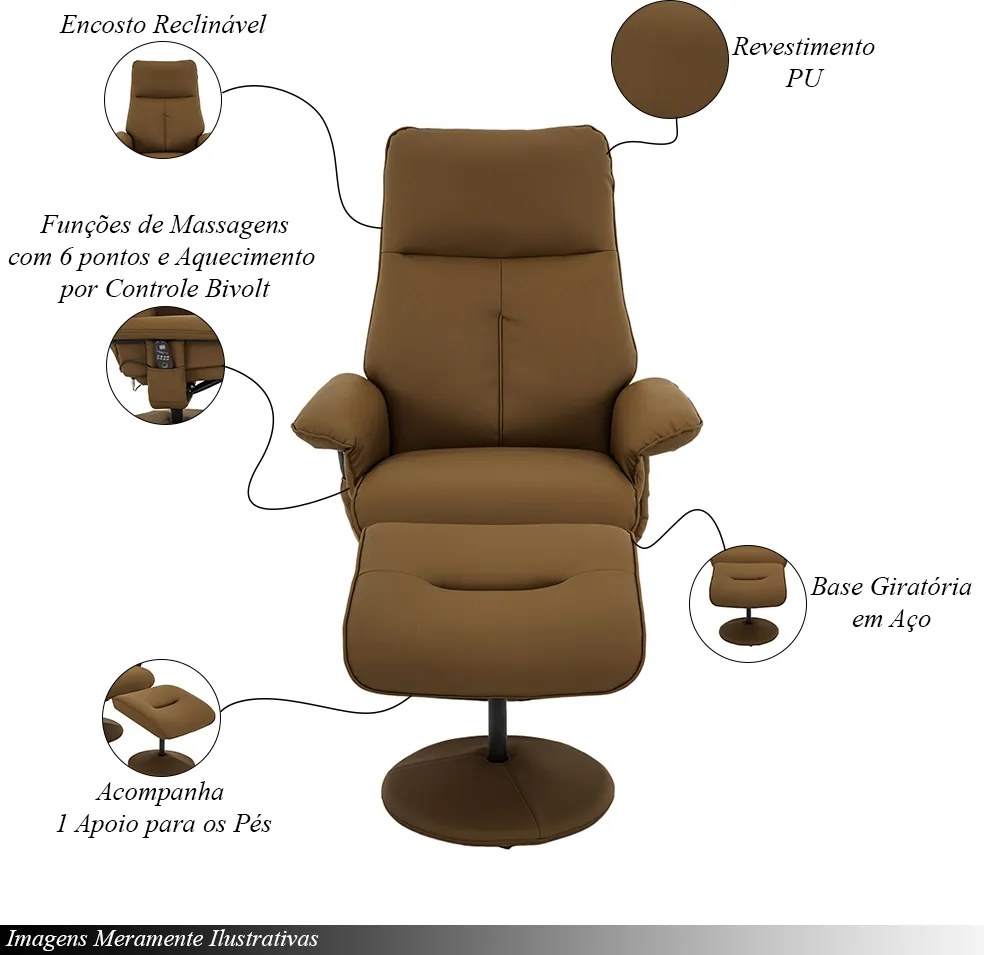 Kit 3 Poltronas do Papai Reclinável Elétrica Com Apoio de Pés Giratória e Massagem Nebraska PU Caramelo G56 - Rivatti
