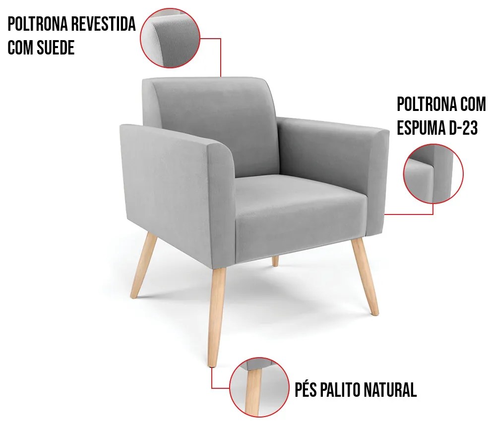 Poltrona Pés Palito Natural Marisa Suede - Cinza