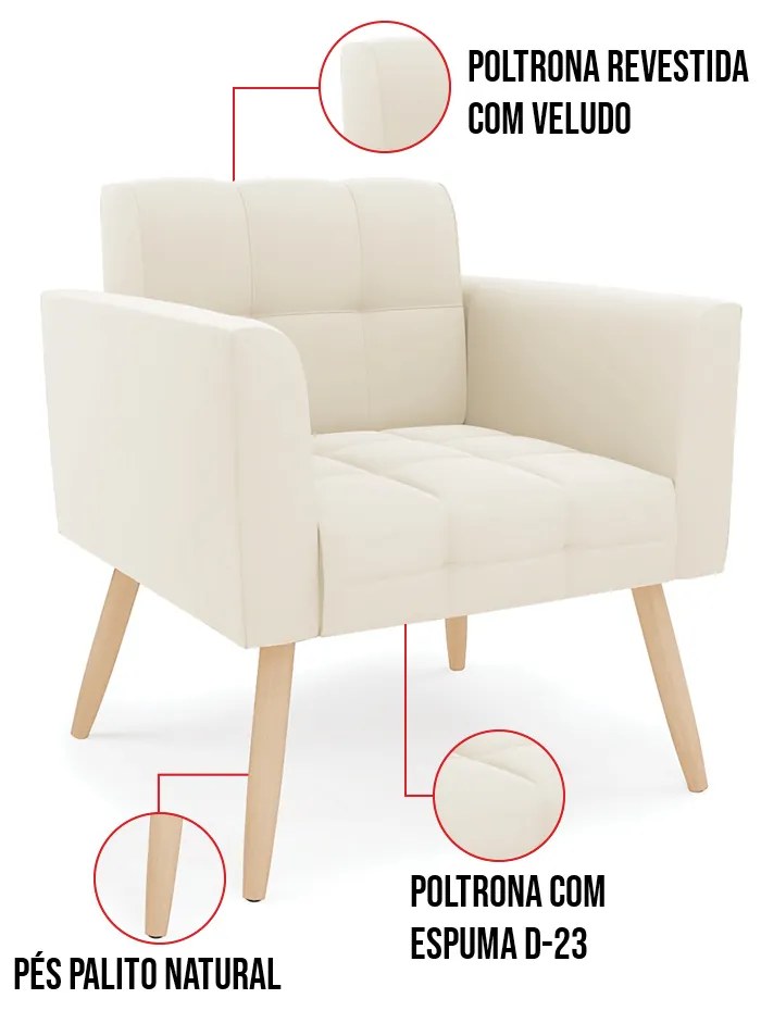 Kit 1 Sofá Namoradeira e 2 Poltronas Elisa Veludo Pés Palito Natural D03 - D'Rossi - Bege