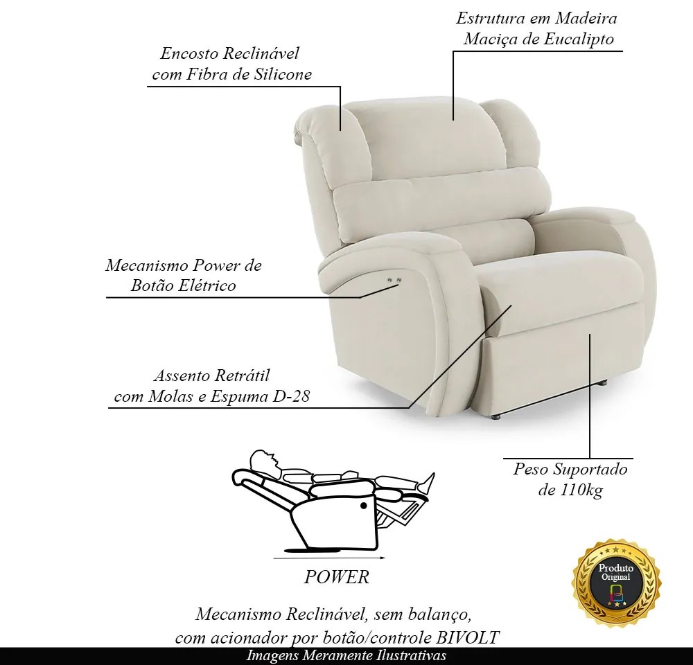 Poltrona do Papai Sala de Cinema Reclinável Kylie Power Touch Veludo Bege G23