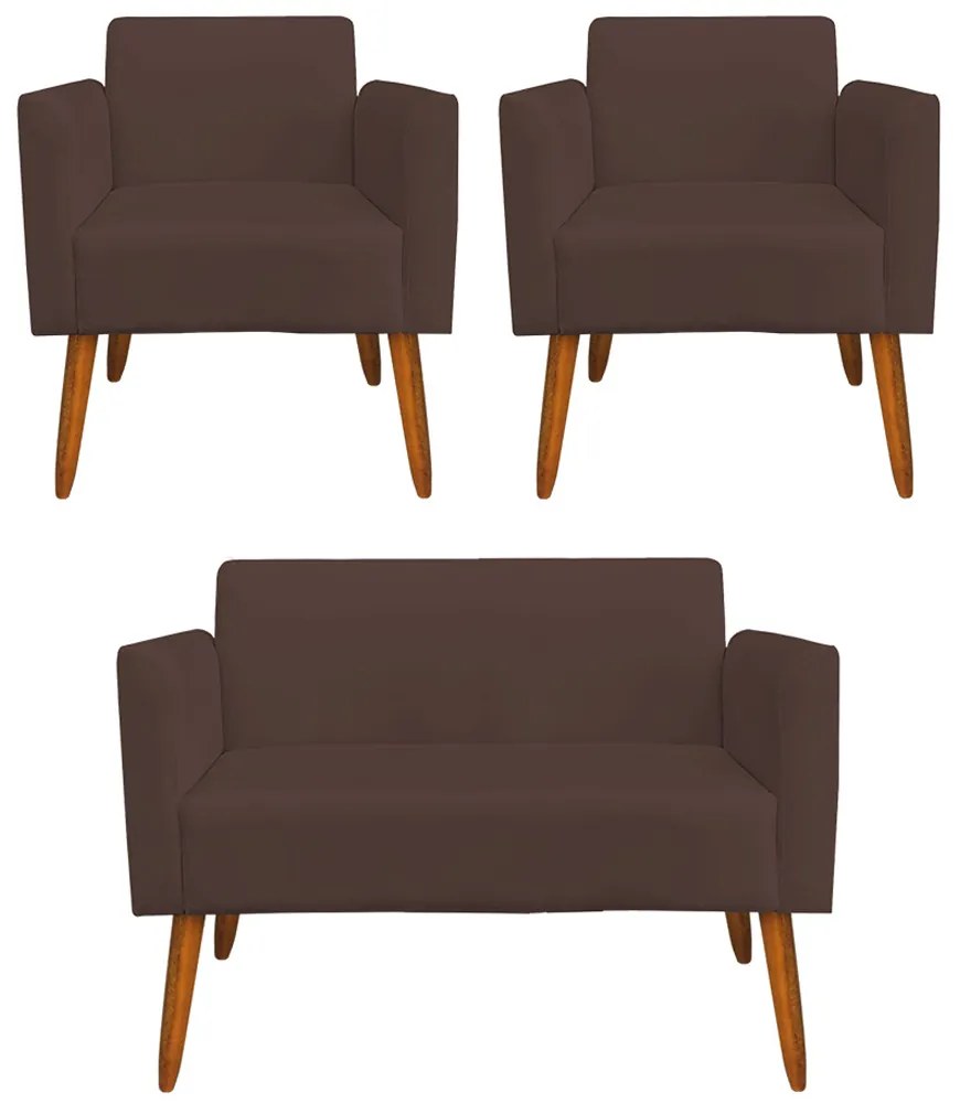 Conjunto Namoradeira e 2 Poltronas Decorativas Isabella Pés Palito Madeira Suede Marrom G19 - Gran Belo