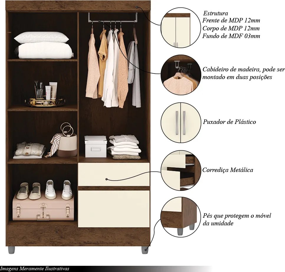 Guarda Roupa Solteiro Abruzzo 4 Portas de Bater 2 Gavetas com Cabideiro Nogueira/OffWhite G98 - Gran Belo