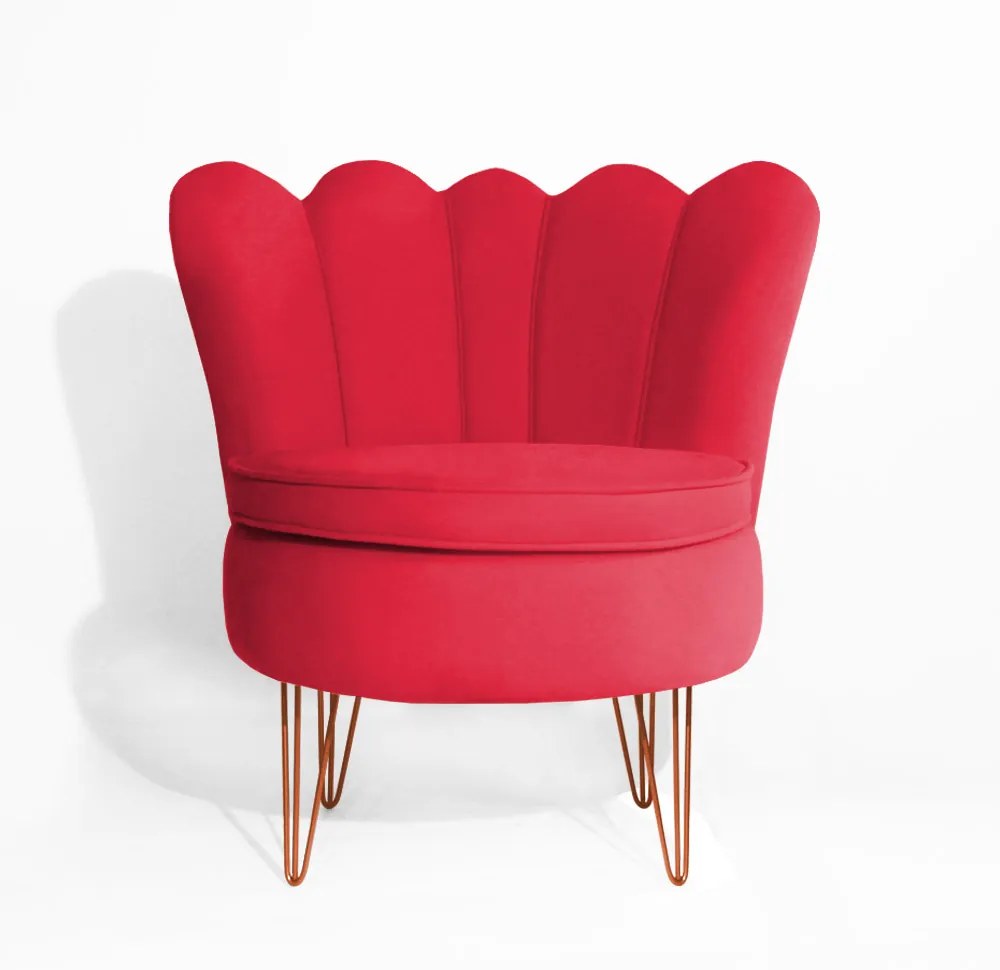 Conjunto 2 Poltrona Dália com Puff Chloe Pés Hairpin Legs Bronze Veludo Vermelho