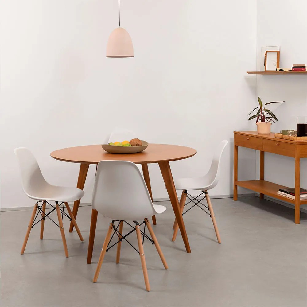 Conjunto Mesa Square Laminada Redonda Natural - 1,18m + 4 Cadeiras Eiffel PP - Branco