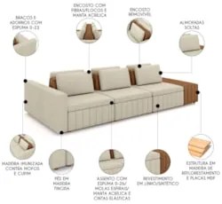 Sofá Ilha e Puff Sala Living 365cm Siesta Z32 Linho Areia/Marrom - Mpo