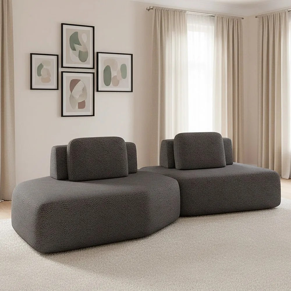 Sofá 2 Lugares Orgânico com Chaise e 1 Módulo Central Berlim Bouclê Grafite K01 - D'Rossi