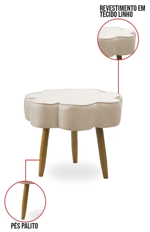 Puff Decorativo Pé Palito de Madeira Sala Flower Linho E03 - D'Rossi - Bege