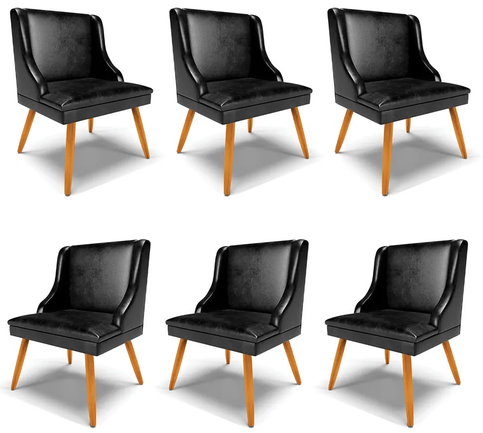 Kit 6 Cadeiras Decorativas Sala de Jantar Pés Palito de Madeira Firenze PU Preto Brilho/Natural G19 - Gran Belo