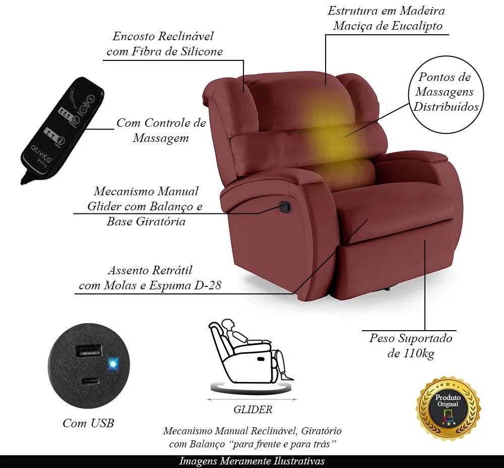 Poltrona do Papai Sala de Cinema Reclinável Kylie Glider Manual Giratória Massagem USB PU Vermelho G23